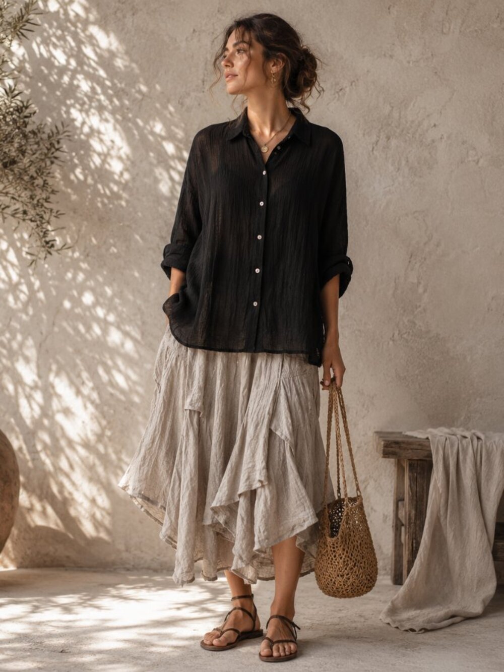 Tahari NEW 100% Linen Button Front Top L Black Gauze Dolman Beach Lagenlook Airy